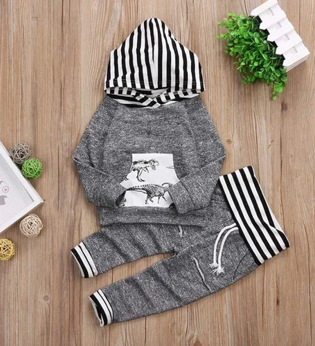 Vista 2 de Conjunto de ropa para bebé niño con capucha para otoño e invierno, pantalones de género neutro de manga larga