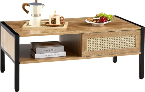 Vista 7 de Mesa de centro moderna de mediados de siglo con almacenamiento, mesa rectangular de madera de 40.16 pulgadas con panel de puerta deslizante de ratán