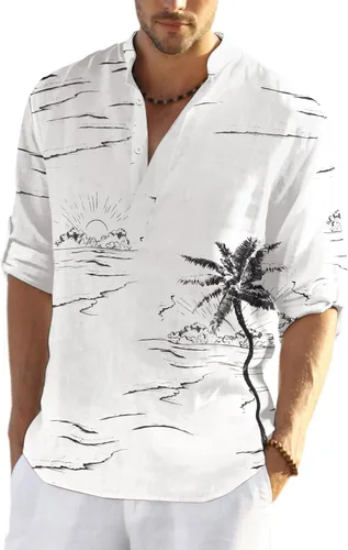 Vista 27 de COOFANDY Camiseta Henley de algodón y lino para hombre, de manga larga, estilo hippie, casual, playera