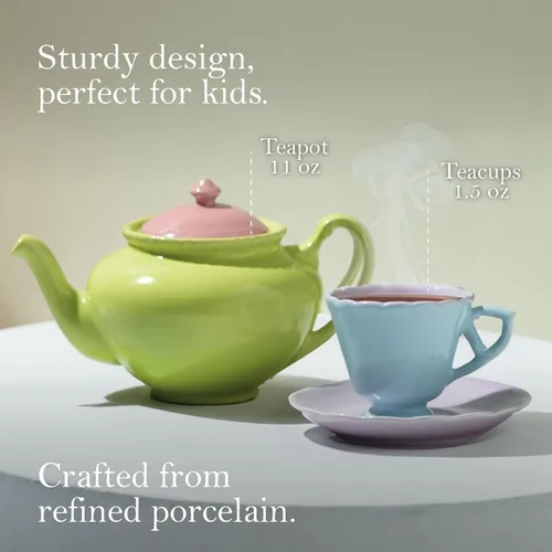 Vista 2 de Rosanna Juego de té de porcelana para niños, 11 onzas líquidas, juego de fiesta de té en miniatura para niñas, servicio para 4, divertido