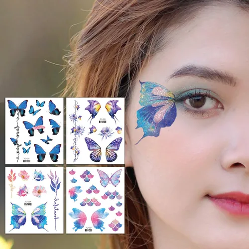 Vista 5 de 14 hojas de tatuajes temporales de mariposa con purpurina para decoración de maquillaje de ojos, rostros, calcomanías de tatuaje de arte corporal