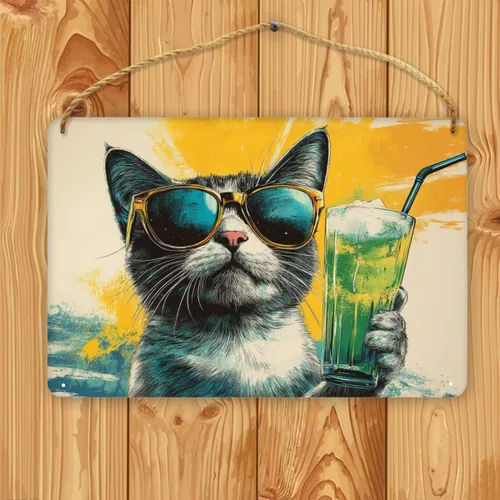 Vista 2 de Cartel de madera retro para fiesta de jugo de gato, 12 x 8 pulgadas, cartel colgante de madera vintage, póster de pared para comedor y sala