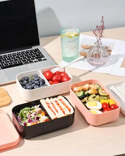 Vista 5 de Lonchera Bento para adultos, tapa de bambú natural, cubiertos y palillos, lonchera para mujeres, apta para microondas, lavavajillas, sin BPA, a Negro
