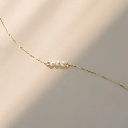 Vista 4 de Pulsera de tres perlas de oro real de 14 quilates para mujer, pulsera de cuentas de oro de 14 quilates, delicadas pulseras de perlas de oro, joyería