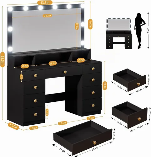 Vista 7 de DINGIPP Escritorio de tocador con espejo y luces, escritorio de maquillaje con 9 cajones y asas de cristal, tocador de dormitorio con toma