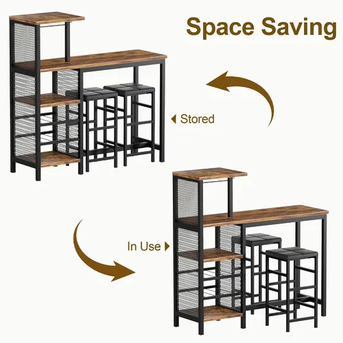 Vista 9 de VECELO Juego de mesa y sillas de bar para 2, juego de comedor de 3 piezas con estantes de almacenamiento, portavasos y estante para vinos, taburetes