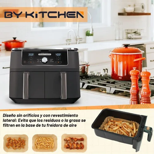 Vista 5 de BYKITCHEN Forros de papel desechables para freidora de aire Ninja Dual Airfryer, 100 PCS hojas de papel pergamino rectangulares para freidora