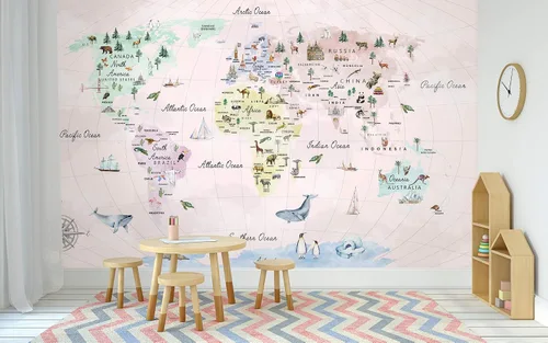Vista 5 de Murwall Papel pintado para niños con mapa del mundo educativo para niños