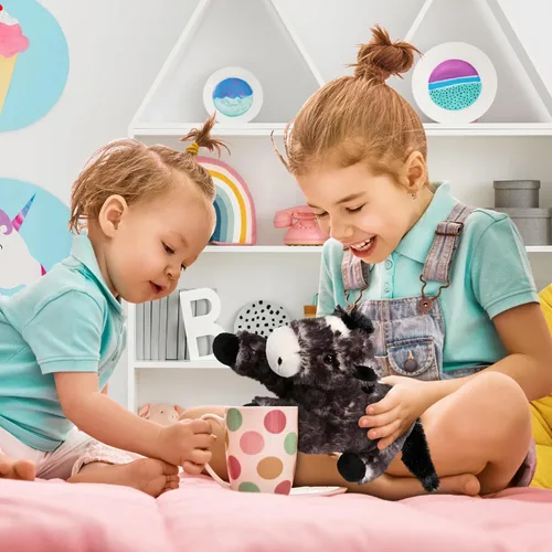Vista 5 de DolliBu - Caballo de peluche negro suave y abrazable, adorable juguete de juego para niños y niñas, lindo regalo de animales de granja para niños