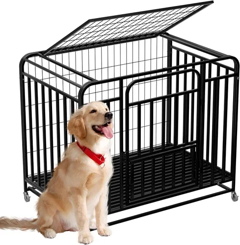 Vista 9 de Jaula indestructible para perros extra grande de 38 pulgadas, puerta doble, a prueba de escapes, fácil de limpiar, resistente para perros
