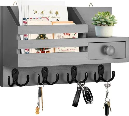 Vista 9 de Soporte para llaves de pared, organizador de correo adhesivo de madera y llaves con cajón, estante pequeño, 8 ganchos, 2 métodos de instalación
