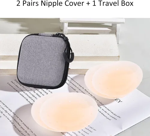 Vista 9 de Cubierta de pezón de silicona para mujer, reutilizable, brasier adhesivo, invisible, con orificios de ventilación, 2 pares con caja de viaje