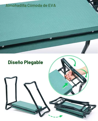 Vista 6 de Banco plegable 2-en-1 para jardín, de la marca Ohuhu, reclinatorio y asiento, incluye 2 bolsas de herramientas, para exterior, Verde
