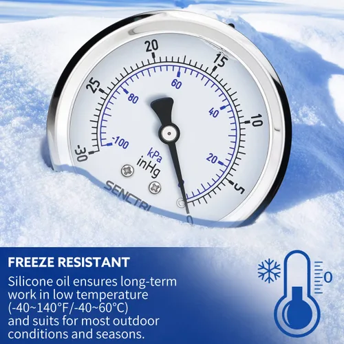 Vista 3 de SENCTRL Medidor de baja presión relleno de líquido de aceite de silicona al vacío de 30 inHg, tamaño de dial de 2.5", montaje inferior NPT de 1/4