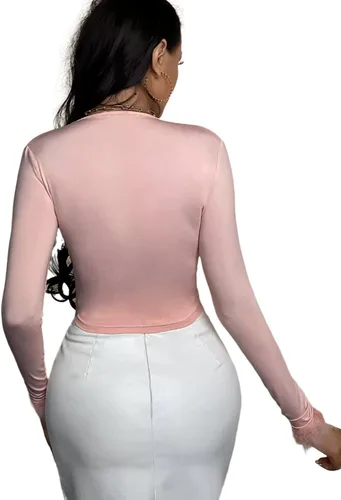 Vista 2 de Zoyami Blusa corta sexy de manga larga con lazo frontal y cuello en V para mujer