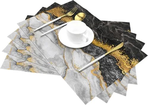 Vista 3 de Juego de 4 manteles individuales de mármol negro y dorado, lavables, antideslizantes, resistentes al calor, color dorado y negro gris, manteles