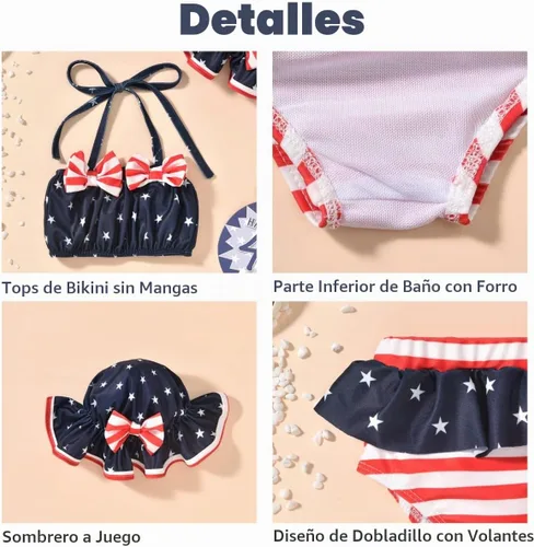 Vista 3 de Aalizzwell Conjunto de bikini de 3 piezas para niñas pequeñas con sombrero Bandera estadounidense