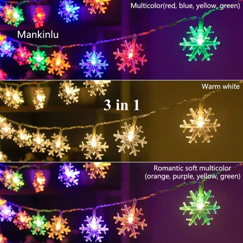 Vista 2 de Luces de Navidad con diseño de copos de nieve, 30 pies, 60 luces LED de Navidad, funciona con pilas, con control remoto para árbol de Navidad