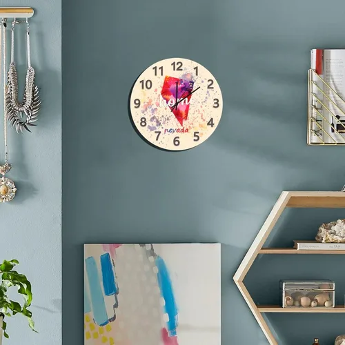 Vista 3 de UFunhome Reloj de pared con mapa del estado de Nevada, acuarela, Estados Unidos, reloj redondo de madera, funciona con pilas, silencioso, sin