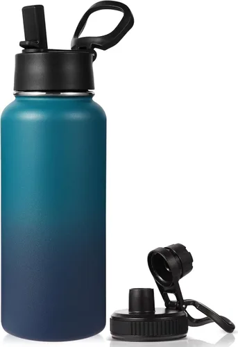 Vista 26 de Neihepal Botella de agua aislada de 32 onzas con 2 tapas (tapa con pajilla y boquilla), botellas de agua de doble pared de acero inoxidable 18/8