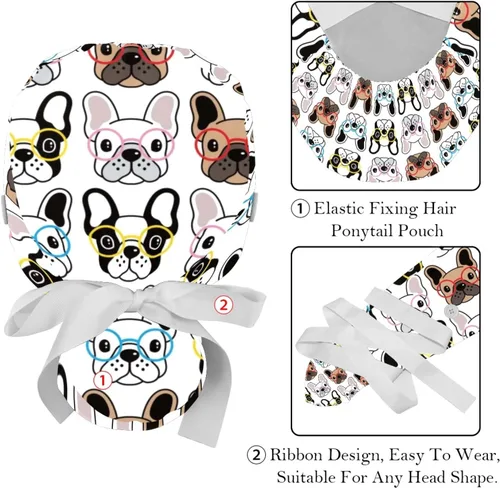 Vista 4 de FFLOWER 2 gorras de trabajo para mujer con botón, lindo bulldog francés largo, con cinta, con cordones