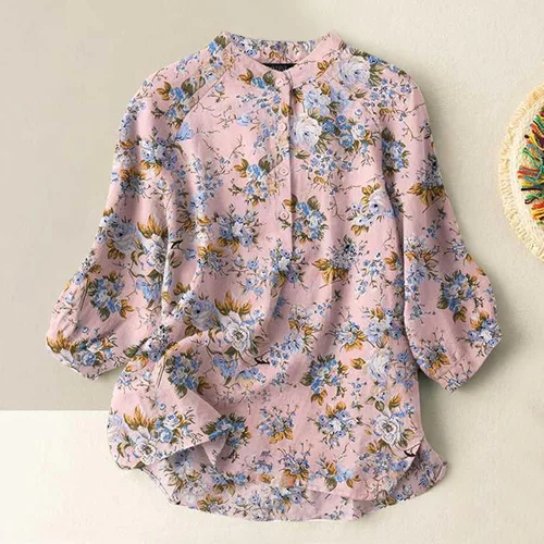Vista 2 de Blusas de manga 34 con botones para mujer, estilo bohemio, estampado floral, de algodón, de lino, estilo vintage, holgadas, casuales
