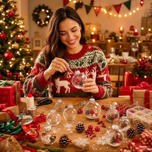 Vista 4 de 80 piezas de bolas de Navidad transparentes colgantes en masa, adornos de plástico rellenables transparentes para manualidades, DIY, con parte