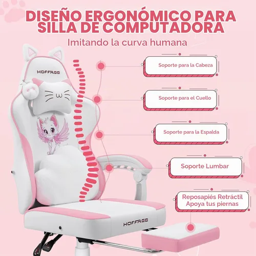 Vista 9 de HOFFREE Silla Rosa para Juegos con Orejas de Gato y Almohada Lumbar de Masaje en Forma de Nube, Silla Ergonómica Linda para Computadora para Niñas