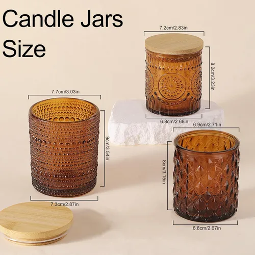 Vista 2 de DARJEN Paquete de 12 tarros de vela de ámbar para hacer velas - 3 estilos de tarros de vidrio para hacer velas a granel con tapas de bambú