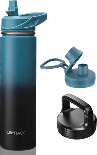 Vista 9 de RUBYFLASK - Botella de agua aislada con pajilla, jarra de agua al vacío de acero inoxidable, 24 onzas, botella con 3 tapas a prueba de fugas