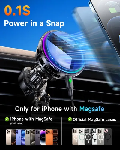 Vista 8 de Para Qi2 Cargador de Montaje de Coche MagSafe de 15W con Luz RGB, Soporte Magnético Inalámbrico de Enfriamiento por Hielo para Teléfono, Carga