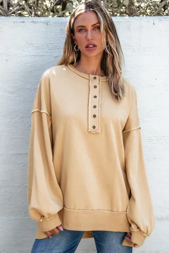 Vista 2 de AlvaQ - Sudadera de gran tamaño para mujer, informal, de manga larga, con botones y cuello Henley, tipo túnica