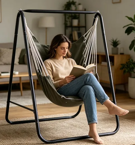 Vista 4 de Silla hamaca con soporte, soporte para silla hamaca con columpio colgante incluido, soporte de hamaca resistente a la intemperie, máximo 450 libras
