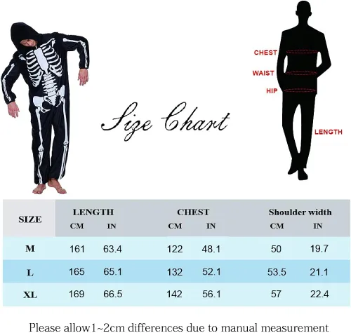 Vista 5 de ReneeCho Pijama de esqueleto con capucha para adultos, hombres y mujeres, disfraz de Halloween, overol de una pieza, color negro, Negro