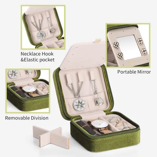 Vista 8 de Vlando Joyero de viaje y organizador, pequeñas cajas organizadoras de joyas para niñas, espejo de terciopelo para aretes, collares, anillos
