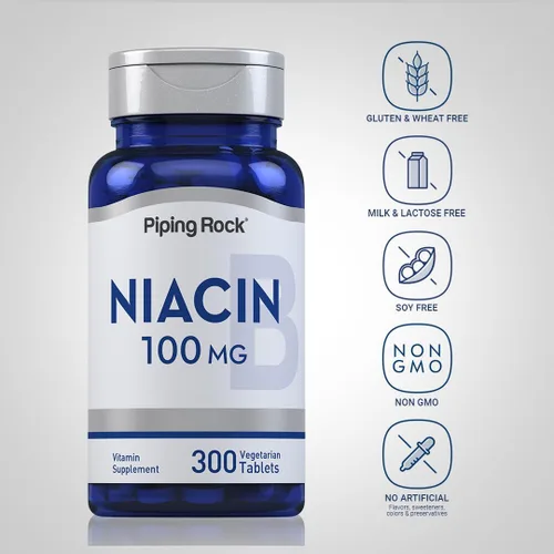 Vista 3 de Piping Rock Suplemento de niacina de 100 mg 300 tabletas Vitamina B3 para hombres y mujeres Ácido nicotínico con enjuague Vegetariano, sin