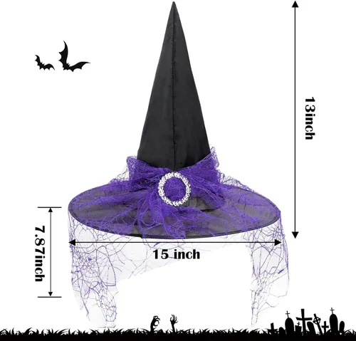Vista 5 de Durio Sombrero de bruja para niños, disfraz de Halloween, sombrero de bruja de velo para niñas y adultos, cabeza pequeña, decoración de disfraces