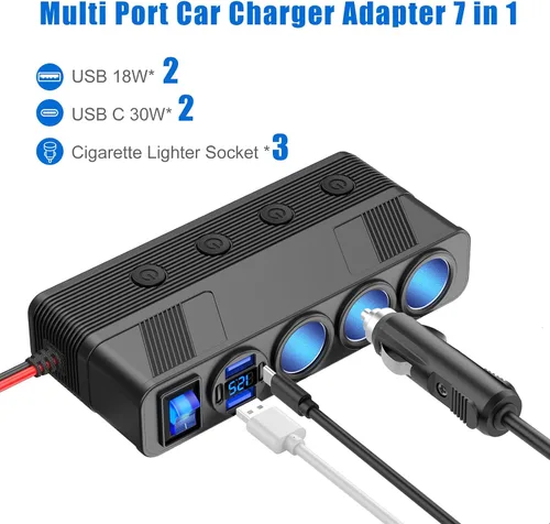 Vista 3 de Divisor de enchufe de cargador de coche de 12 V 24 V con cable de 10 pies/3M, 3 enchufes para encendedor de cigarrillos, enchufe adaptador de 4