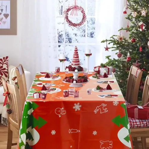 Vista 4 de Mantel de Navidad desechable, mantel de plástico para Navidad, color rojo, verde, blanco, mantel de árbol de renos y copos de nieve para decoración