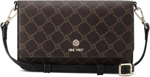Vista 2 de Nine West Linnette - Cartera para teléfono con cuerda, logotipo marrón y negro, Logotipo marrón negro
