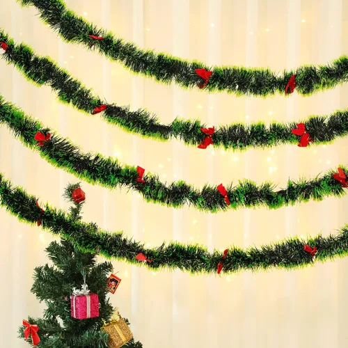 Vista 6 de 3 guirnaldas de oropel de Navidad de 8.2 pies con 24 lazos rojos para interiores y exteriores, día festivo, Mardi Gras, Navidad y otras