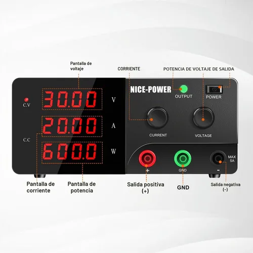 Vista 2 de NICE-POWER Fuente de alimentación de CC variable, 0-30V 0-20A 600W Fuente de alimentación de banco de alta potencia con perilla de codificador e