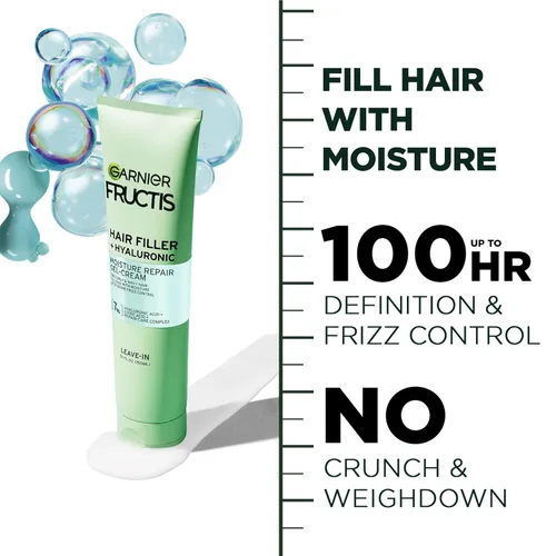 Vista 4 de Garnier Fructis Hair Filler Gel-Crema Reparadora de Humedad, Gel para el Cabello para Rizos y Ondas con Ácido Hialurónico, 5.1 Fl Oz, 1 Unidad