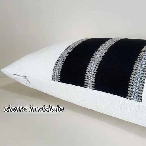 Vista 4 de Slow Cow - Juego de 2 fundas de cojín decorativas de lino en patchwork blanco roto y negro, funda de almohada rectangular para sofá, lumbar de 12 x