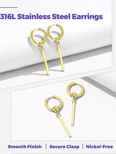 Vista 9 de Richsteel Dangle Earrings for Men,Stainless Steel Silver/Black/Gold plated Pendientes colgantes de oro B3