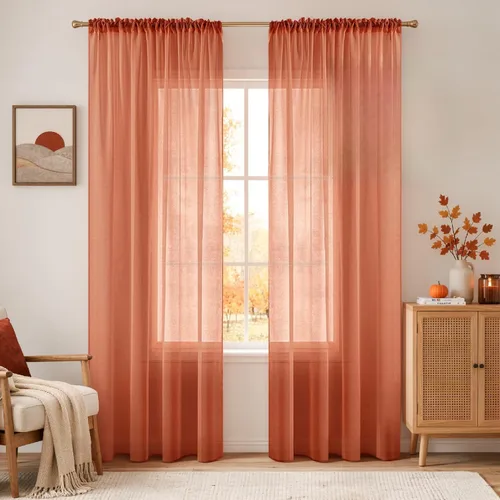 Vista 17 de MIULEE Cortinas semitransparentes con textura de lino naranja quemado de otoño 54W×54L Cocina