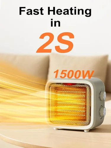 Vista 2 de Calentador de espacio pequeño, mini calentador de escritorio PTC de 1500 W, termostato portátil, calor rápido 2S, silencioso, seguro para dormitorio