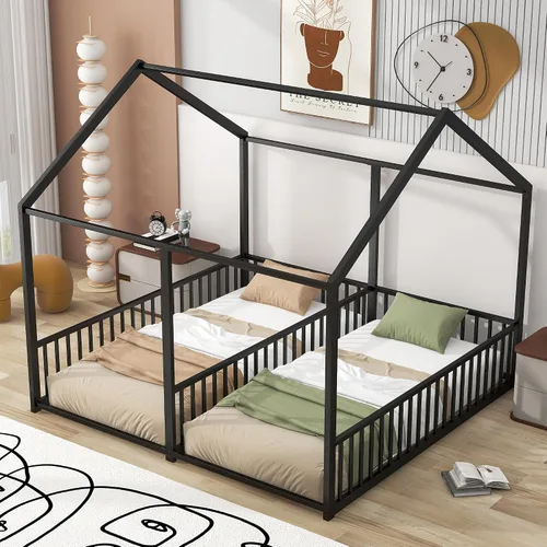 Vista 30 de Cama juguetona en forma de casa de tamaño matrimonial con estantes y luces, marco de cama de metal con techo para niños, adolescentes y adultos, un