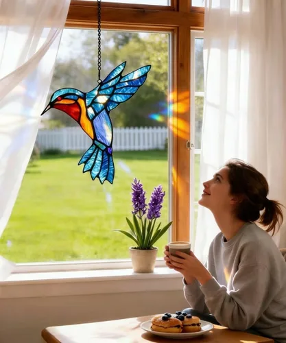 Vista 2 de Atrapasoles de colibrí de vidrieras, adorno único hecho a mano para colgar en la ventana, perfecto para inauguración de la casa, cumpleaños, Navidad