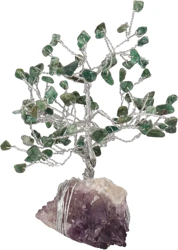 Vista 2 de Árbol de cristal natural de jade verde con base de amatista con propiedades curativas, bonsái Feng Shui árbol de dinero para positividad